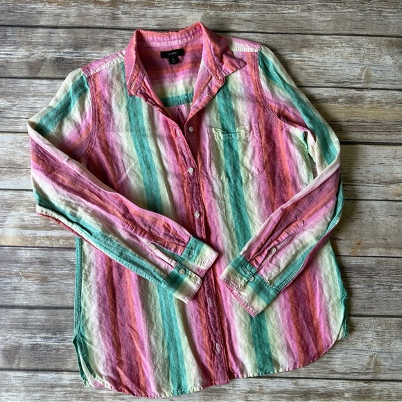 J. Crew Linen Rainbow Striped Shirt Sz 6 - Picture 1 of 9
